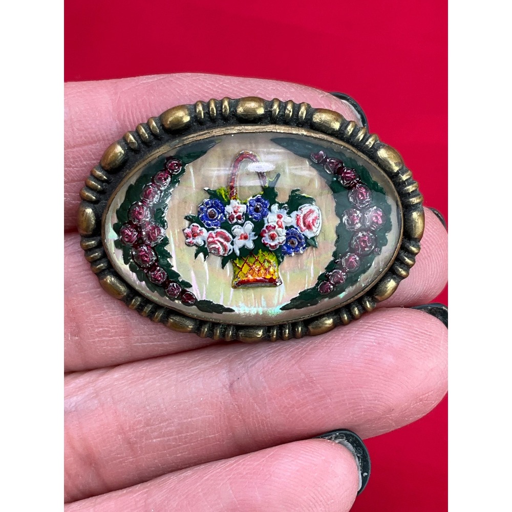 Vintage Reverse Painted Glass Floral‎ Basket Brooch Oval Brass Tone